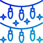 Two strands of blue Christmas lights twinkle against a black background, adding a festive touch.