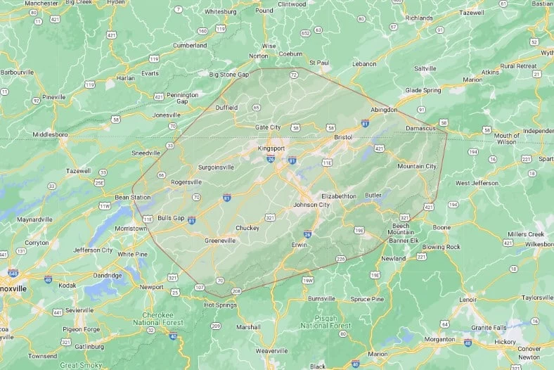 Map highlighting the Tri-Cities region of Tennessee and Virginia, including Kingsport, Bristol, Johnson City, and surrounding Appalachian areas.