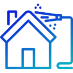 Illustration of a house being power washed, depicted in blue gradient lines against a black background. A hose sprays water onto the roof.