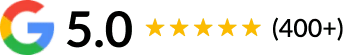 Google logo with a five-star rating, indicating positive customer reviews for deck staining services.