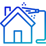 Icon showing roof cleaning in progress: a blue house outline with a pressure washer spraying the roof.