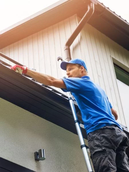 Man on ladder cleaning gutters on a house in Jonesborough, TN. Professional gutter cleaning ensures proper water drainage and protects your home's foundation.