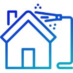 A house is depicted in blue line art with a pressure washer cleaning the roof. This image represents roof cleaning services.