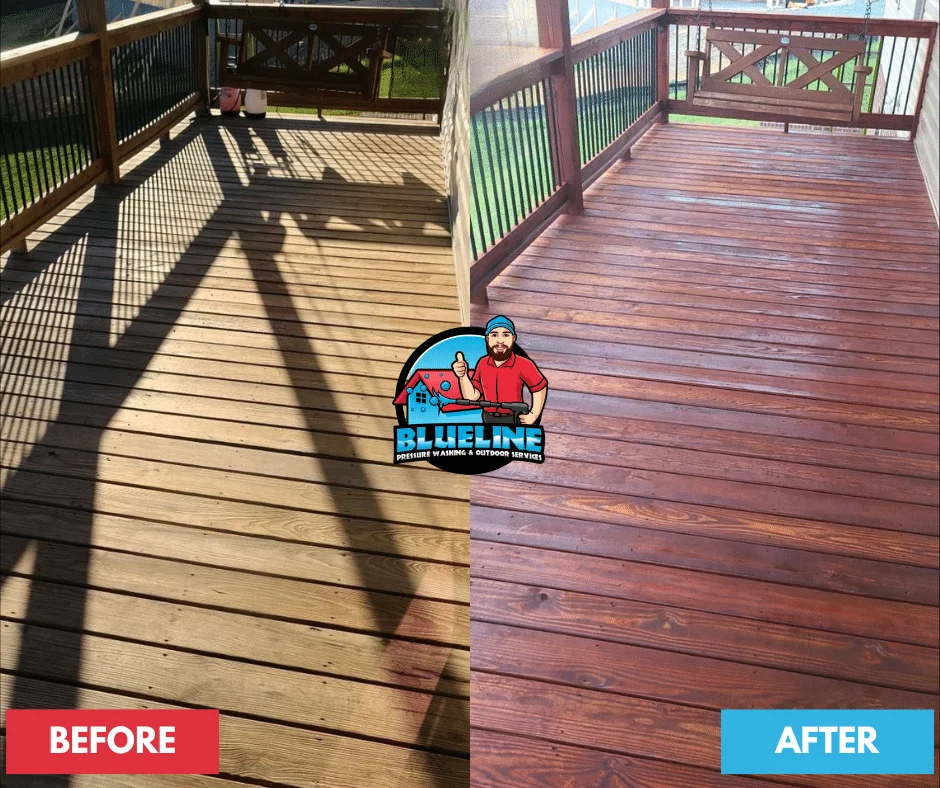 Before-and-after showcasing deck staining in Johnson City TN. The transformation from weathered gray wood to rich, stained wood highlights the impact of deck staining.