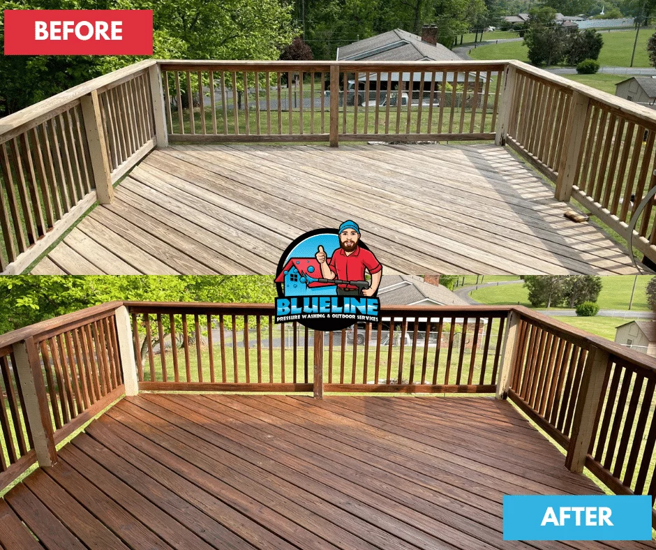 Before-and-after of deck staining in Johnson City TN, showcasing a weathered deck transformed to a rich, dark finish. The after image highlights the effectiveness of professional deck staining.