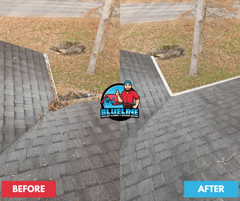Before-and-after shot of a roof undergoing gutter cleaning. The "before" side shows a dirty roof and clogged gutters, while the "after" side reveals a clean roof and clear gutters. The Blueline Pressure Washing logo is prominently displayed.