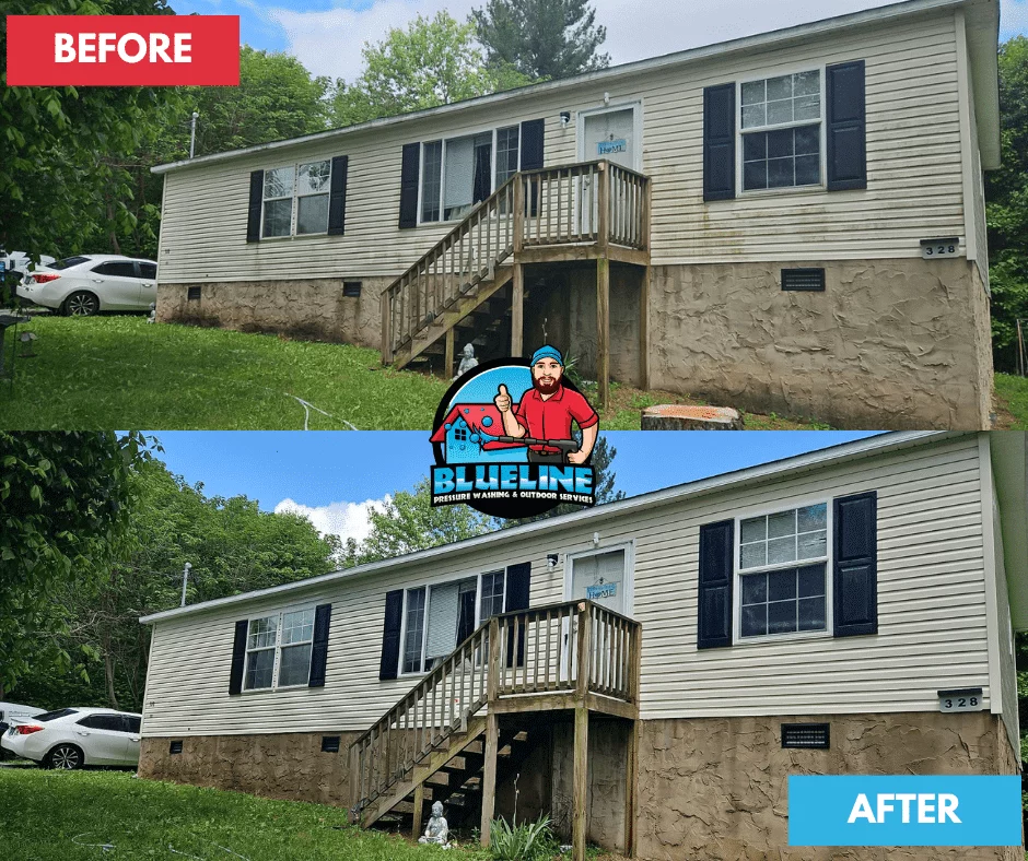 Before and after house washing showing a two-story home with clean siding and foundation, showcasing the effectiveness of professional pressure washing services. "Blueline Pressure Washing & Outdoor Services" logo included.