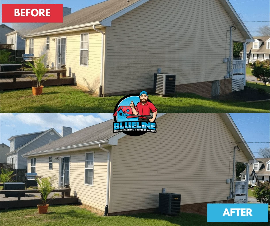 Before and after house washing shows a home's siding transformed from dirty to clean. The "Blueline" logo is superimposed in the middle of the image. The bottom right corner has the text "AFTER" in a blue box.