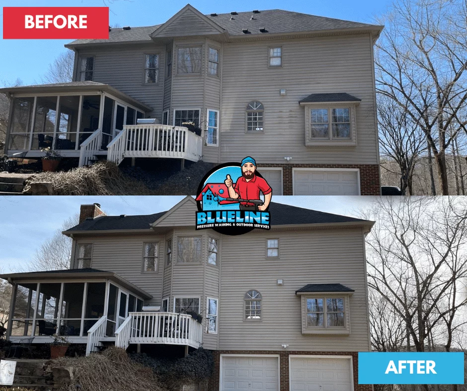 Before-and-after house washing: A two-story house goes from dingy to clean, revealing its light-gray siding and white trim. The after image showcases the transformative power of pressure washing.