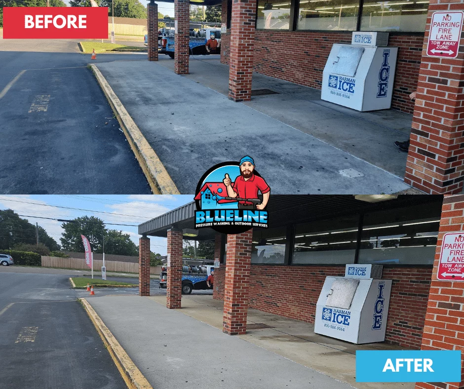 Before and after pressure washing shows a storefront sidewalk transformed from dirty to clean. An ice machine with "Harman Ice" is visible. BlueLine Pressure Washing logo overlay. "No Parking Fire Lane Tow Away Zone" sign.