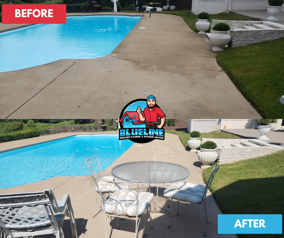 Before-and-after pressure washing of a pool deck, showcasing the dramatic cleaning results. The "after" section features a clean patio set, highlighting the outdoor service by Blueline Pressure Washing.