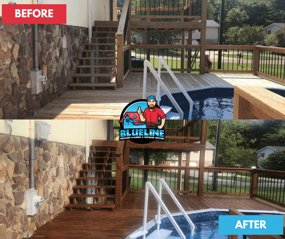 Before and after of wood restoration project on a deck and stairs leading to a pool. The after photo shows the wood revitalized with a rich, clean finish.