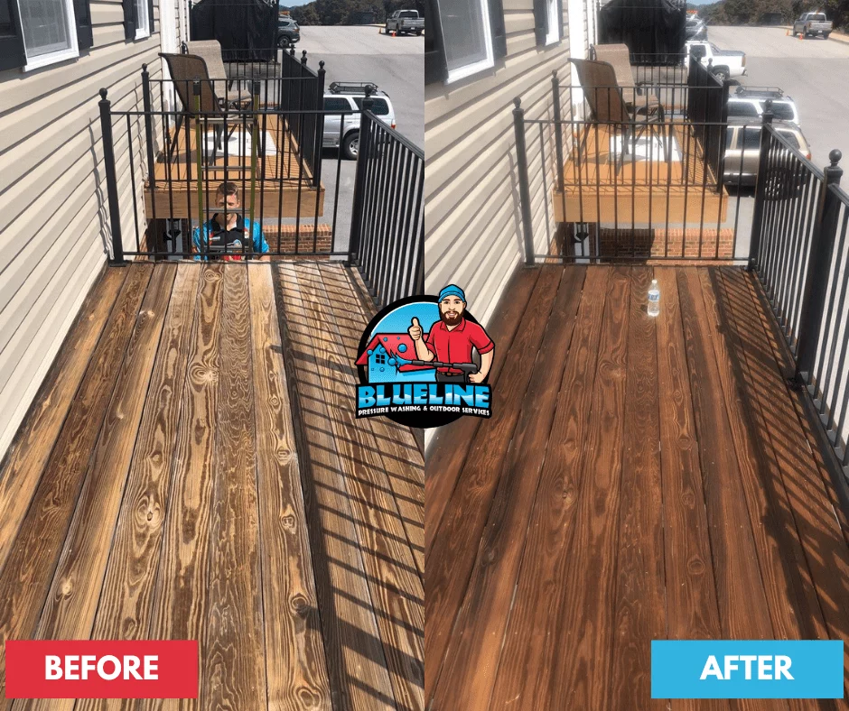 Before and after deck staining in Johnson City TN. The deck looks refreshed and revitalized after professional deck staining services.