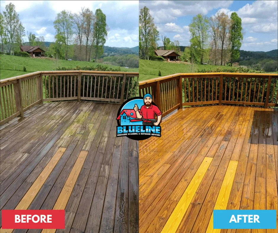 Before-and-after of deck staining, showcasing the dramatic improvement. The "after" side shows a freshly stained deck with a rich, warm tone. "Before" shows a dirty, weathered deck. BlueLine Pressure Washing logo is visible.
