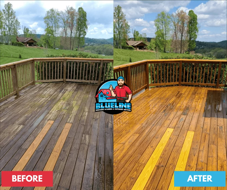 Before and after of wood restoration on a deck by BlueLine Pressure Washing. The after image reveals a clean, revitalized deck with a rich, warm tone, contrasting with the weathered, grayed before image.