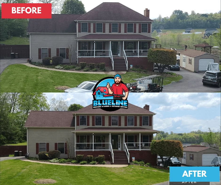Before-and-after of a house after roof cleaning. The roof and siding appear cleaner in the after image. "Blueline Pressure Washing & Outdoor Services" logo included.