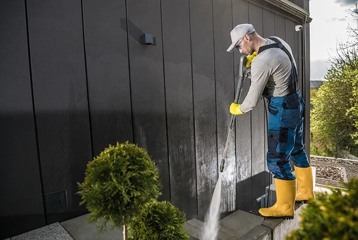 A man pressure washing the dark siding of a modern house, wearing yellow boots and overalls. He's cleaning the exterior, illustrating a key step in home maintenance, especially relevant when considering the best time of year to pressure wash your house.