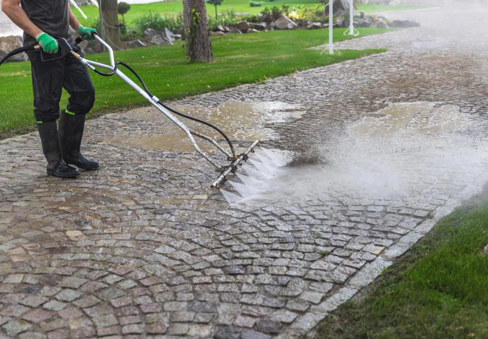 A worker power washes a cobblestone driveway with a surface cleaner attachment, sending water spraying across the stone. This soft wash technique is ideal for cleaning delicate surfaces.
