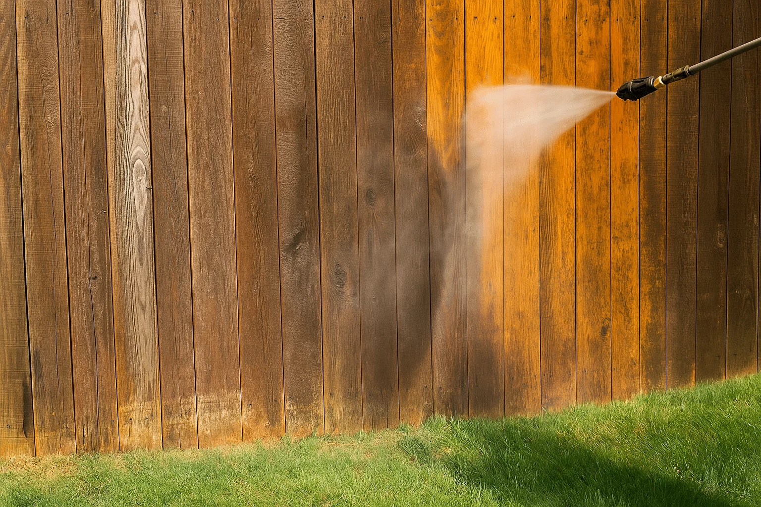 Pressure washing a weathered wooden fence, revealing clean, bright wood underneath. A stream of water blasts away grime and dirt, showcasing the effectiveness of power washing.
