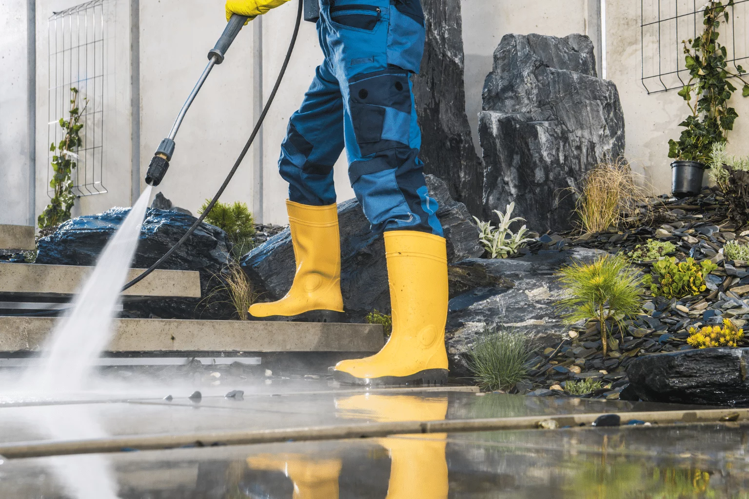 Power washing concrete steps. A person in yellow boots uses a pressure washer, demonstrating power washing techniques, with water spraying across the surface.