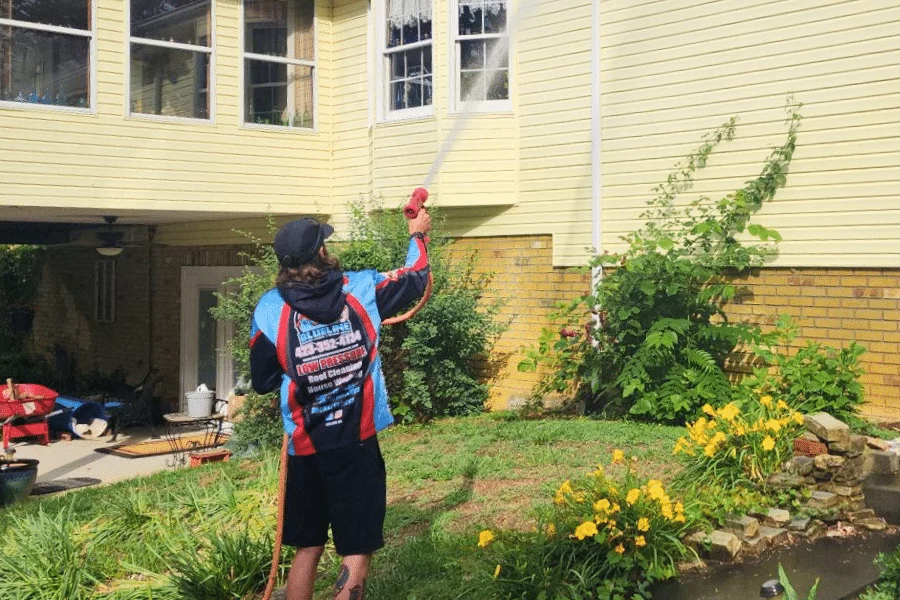 Man soft washing a yellow house with a low-pressure hose. He is wearing a company shirt with "BlueLine LowPressure" visible. Lush green landscaping surrounds the home.